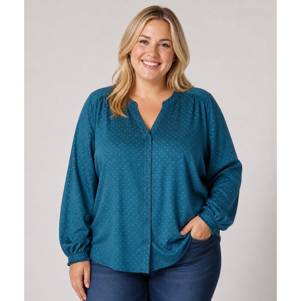 Elle Blouse XL Teal‎ Green Swiss Dot Button Up Soft Silky Bohemian Romantic Top